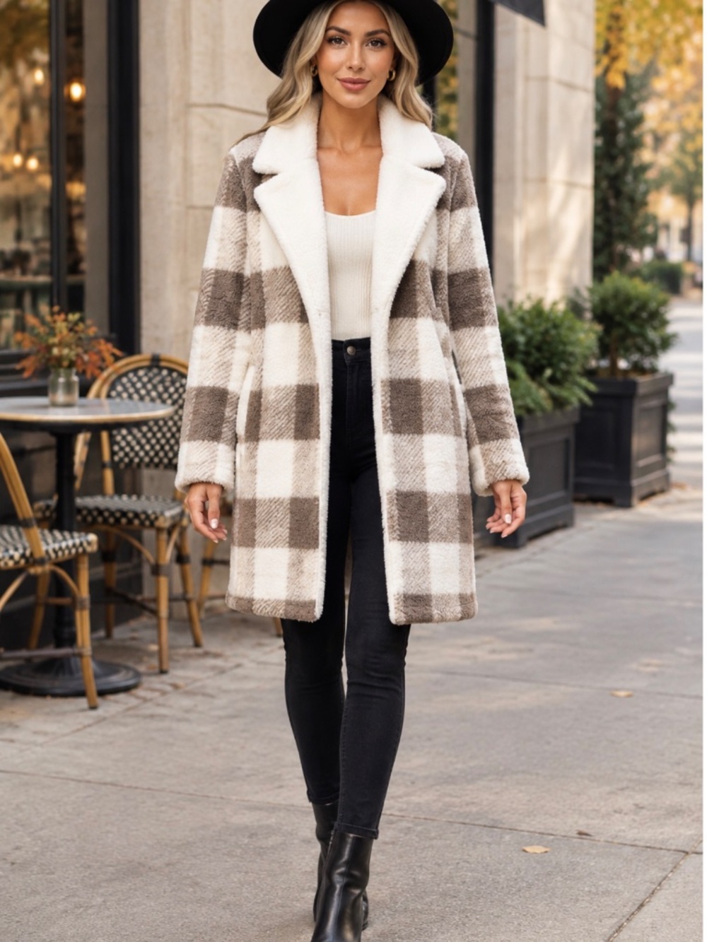Cozy Plaid Print Wide Collar Open Front Pockets Teddy Jacket Coat